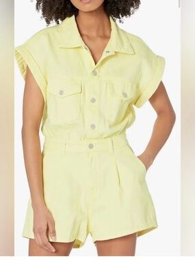 Blank NYC Pale Yellow Short Sleeve Denim Romper